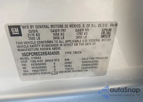 2014 Chevrolet Silverado 1500 1Lt z USA, uszkodzony, nr VIN 3GCPCREC2EG434095